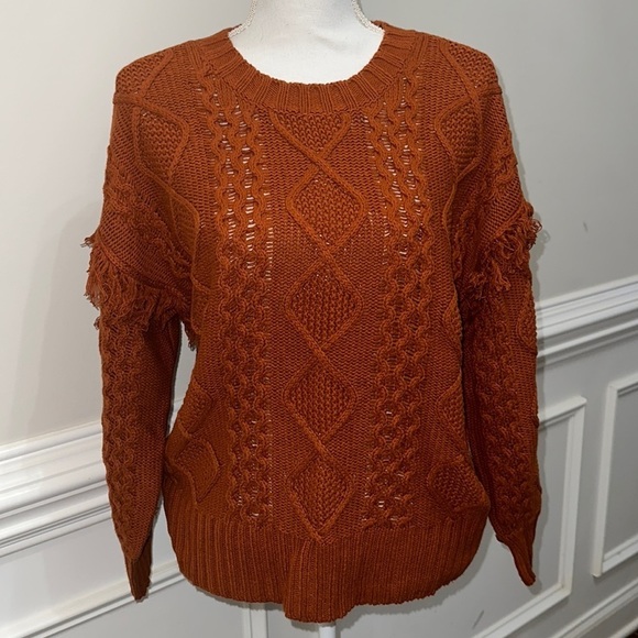 Ana Copper Burnt Orange Thick Knit Sweater with Fringe Sleeves size S - Picture 2 of 8